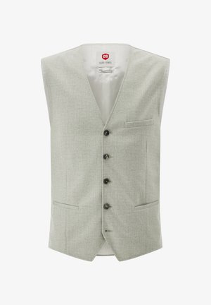 Hellgraue, ärmellose Weste aus strukturiertem Stoff, mit fünf schwarzen Knöpfen und einer Vorderseite Tasche links. Dezentes Karomuster durchgehend.