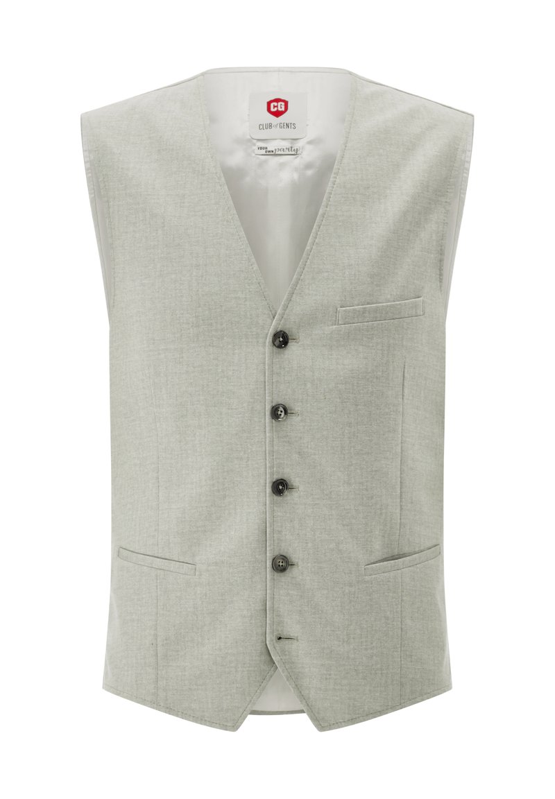 Hellgraue, ärmellose Weste aus strukturiertem Stoff, mit fünf schwarzen Knöpfen und einer Vorderseite Tasche links. Dezentes Karomuster durchgehend.