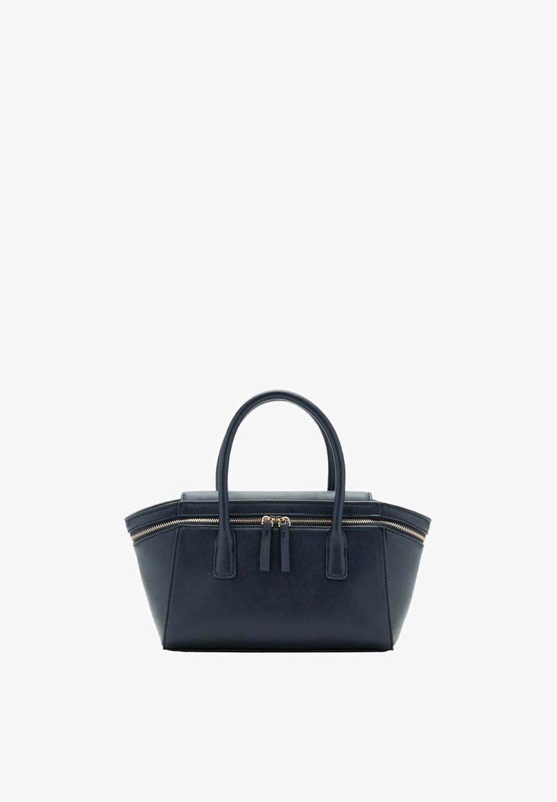 Sac à main en cuir noir avec double poignées et fermeture éclair sur le dessus qui s'étend autour des côtés pour une ouverture élargie.