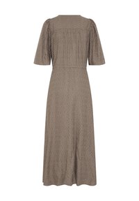 Robe midi marron à pois blancs, manches courtes bouffantes, taille cintrée et encolure carrée, vue de dos.