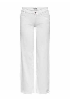 Białe jeansy o prostych nogawkach z przodem na guzik i kieszeniami, z metką marki "ONLY" na pasku.
