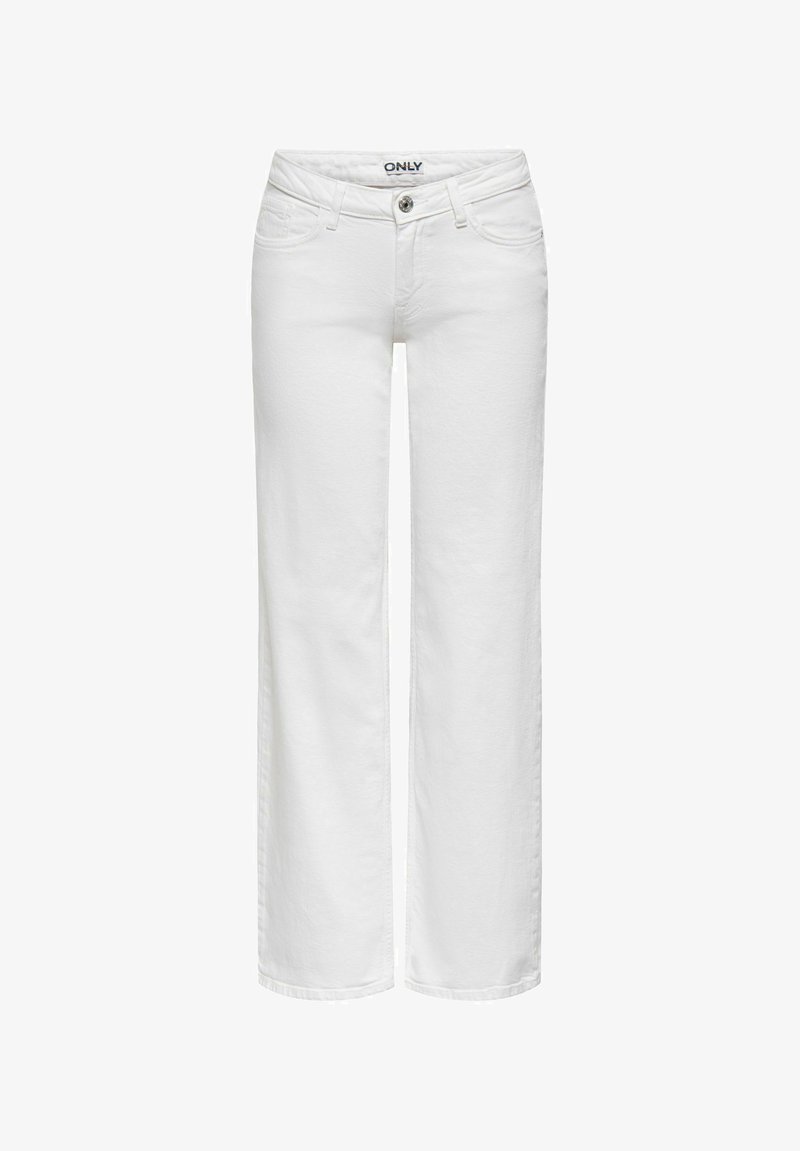 Bele kavbojke z ravnimi hlačnicami, sprednji gumb in žepi, z označeno etiketo na pasu z napisom "ONLY".