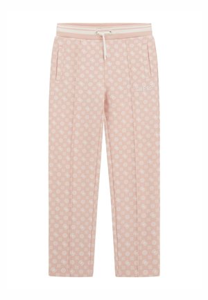 Light pink pants made from soft fabric, featuring a white logo, side pockets, a drawstring waistband, and a repeating floral pattern.