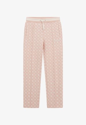 Helle rosa Hosen aus weichem Stoff, mit einem weißen Logo, Seitentaschen, einem Kordelzugbund und einem sich wiederholenden Blumenmuster.