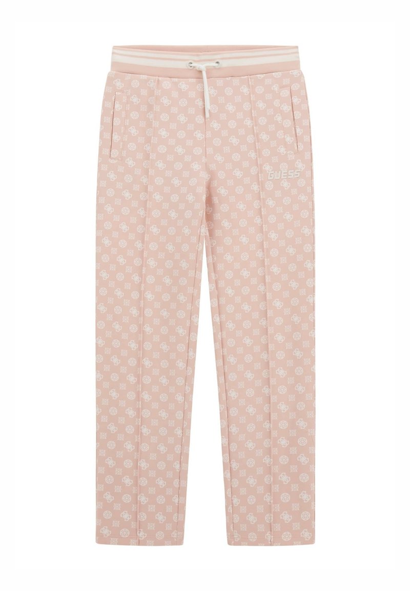 Pantalons rose clair en tissu doux, avec un logo blanc, des poches latérales, une taille à cordon de serrage et un motif floral répétitif.