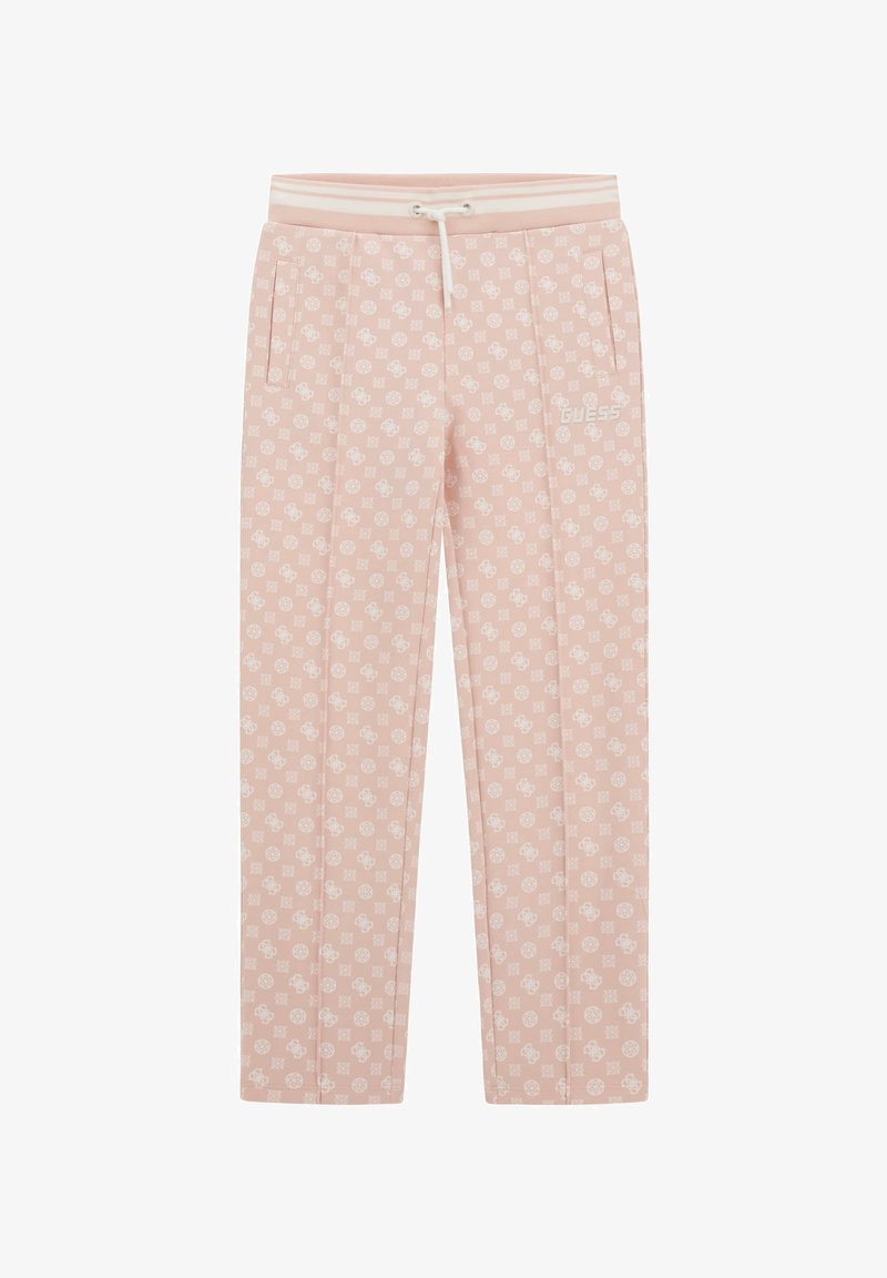 Gaiši rozā bikses, kas izgatavotas no mīksta auduma, ar baltu logotipu, sānu kabatām, aukliņu jostu un atkārtotu ziedu rakstu.