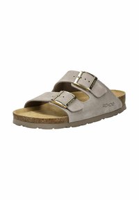 Sandales en daim gris avec deux sangles ajustables, boucles en argent, et une semelle en liège. Marque sur le côté ; design plat adapté pour un usage décontracté.