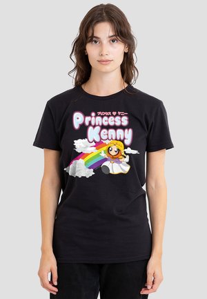 Black t-shirt featuring a colorful cartoon graphic of "Princess Kenny" with a rainbow and clouds, highlighting playful design elements.