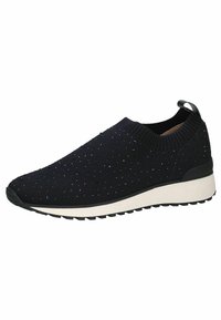 Fekete slip-on sportcipő, kötött felsőrésszel, dekoratív pöttyökkel, vastag fehér talppal és texturált fekete gumitalppal.