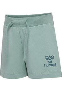 Ljusgröna bomullsshorts med dragsko i midjan, med en mörkblå logotyp på vänster lår och en slät yta.