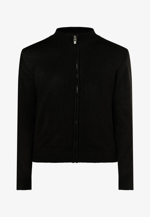 Črni pulover z zadrgo in visokim ovratnikom, ribanimi teksturami in prilegajočo zasnovo. Ima srebrno zadrgo in dolge rokave.