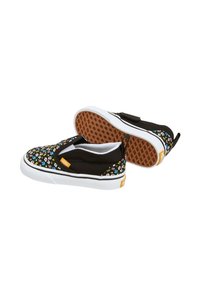 Black slip-on shoes with floral patterns, white rubber soles, and textured brown outsole. Features elastic side panels and a padded collar.