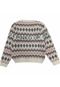 Gebreide trui met roze, grijze en witte zigzagpatronen; voorzien van de tekst "PINKO UP" op de mouwen en een ronde halslijn. Zachte textuur, casual pasvorm.