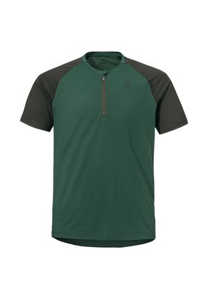 Grünes und dunkelgraues Sportshirt mit kurzen Ärmeln, teilweisem Frontreißverschluss und Rundhalsausschnitt.