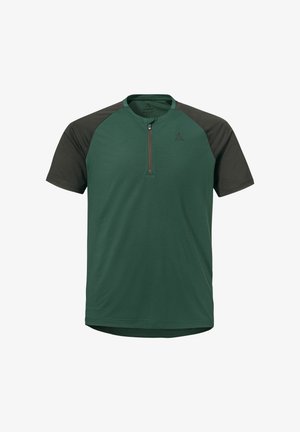 Grünes und dunkelgraues Sportshirt mit kurzen Ärmeln, teilweisem Frontreißverschluss und Rundhalsausschnitt.