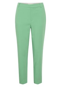 Mintgroene broek met een vlakke voorkant, tapse enkel-lange snit en riemlussen. Gemaakt van gladde stof met een schoon, minimalistisch ontwerp.