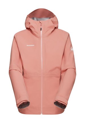 Ljusrosa Mammt-jacka med huva, full framdragkedja och elastiska ärmslut. Slät textur med en minimalistisk design och logotyp framtill.