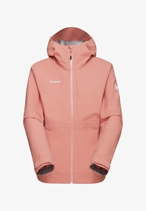 Lyserød Mammt-jakke med hætte, fuld frontlynlås og elastiske manchetter. Glat tekstur med et minimalistisk design og logo på forsiden.