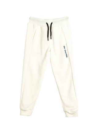 Pantalones de chándal blancos con textura acanalada, con cordones negros y bolsillos laterales. "Nueva Generación" está bordado en verde en la pierna.