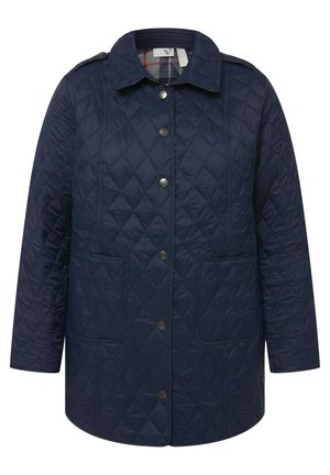 Marineblaues, gesteppte Jacke mit Kragen, Rautenmuster, Druckknöpfen, zwei Vordertaschen und kariertem Futter. Lange Ärmel ohne Bündchen.