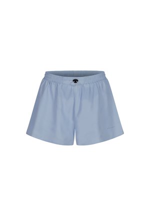 Shorts bleu clair en tissu lisse et léger. Équipés d'une taille élastique avec un cordon de serrage noir et d'un logo sur le côté.
