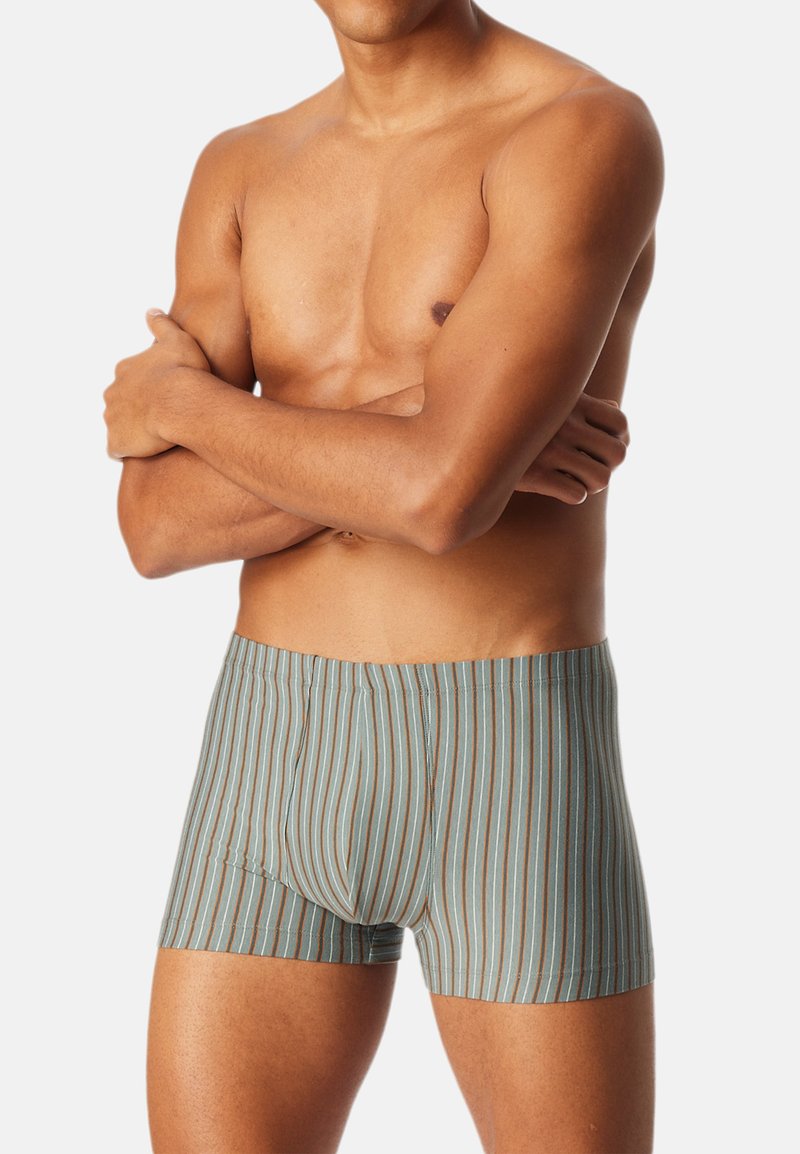 Gestreifte Boxer-Briefs in Teal und Braun. Hergestellt aus weichem, elastischem Material. Verfügt über ein körpernahes Design mit einer mittelhohen Taille und ohne sichtbare Markenlogos.