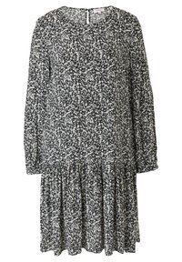 Schwarz-weißes blumiges Kleid mit langen Ärmeln, geraffter Taille und gestuftem Rock. Es hat einen runden Ausschnitt und einen Knopfverschluss auf der Rückseite.