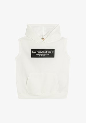 Weißer ärmelloser Hoodie mit einer Fronttasche, der mit einem schwarzen rechteckigen Grafikdruck versehen ist, auf dem "Keep Ready Sport Time" und ein Fußballsymbol abgebildet sind.