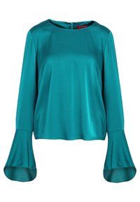 Turkusowa satynowa bluzka z długimi, rozszerzanymi rękawami i dekoltem łódkowym, z zamkiem błyskawicznym z tyłu. Gładka tekstura z delikatnym połyskiem.