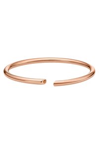 Rose gold cuff bracelet featuring a sleek, open design with a smooth, shiny surface and rounded edges. Minimalistic and modern aesthetic.