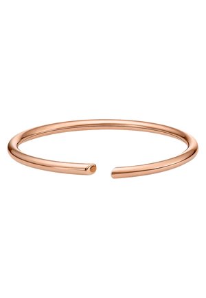 Rosé-goldfarbener Armreif mit einem eleganten, offenen Design, einer glatten, glänzenden Oberfläche und abgerundeten Kanten. Minimalistische und moderne Ästhetik.