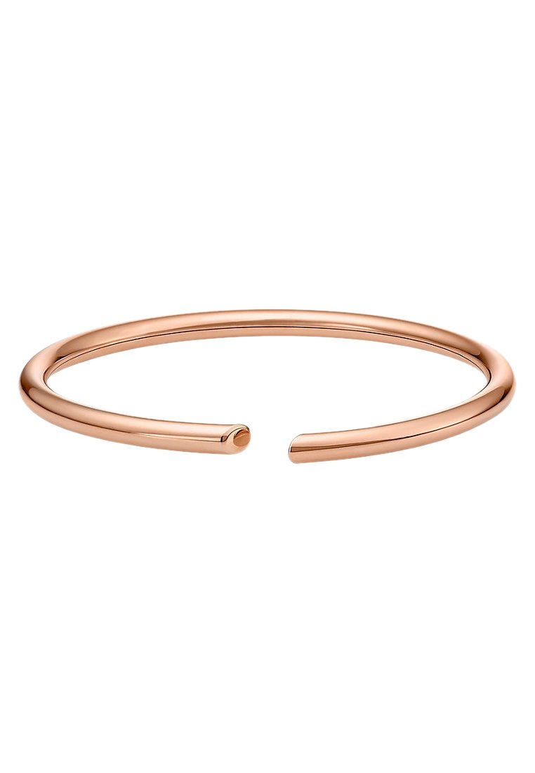 Rose gold cuff bracelet featuring a sleek, open design with a smooth, shiny surface and rounded edges. Minimalistic and modern aesthetic.