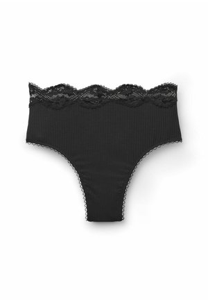 Svart trosa med ribbad tygdesign, med en vågig spetskant vid midjan och delikata spetkanter längs benöppningarna.