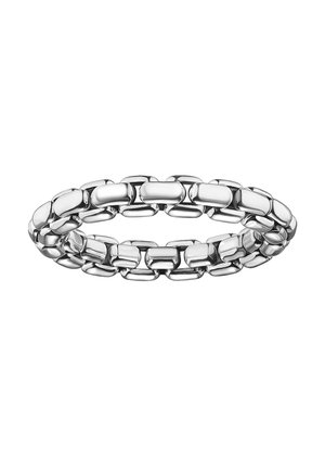 Silberfarbiges Armband mit rechteckigen, abgerundeten Gliedern, die eine durchgehende, polierte Kette vor weißem Hintergrund bilden.