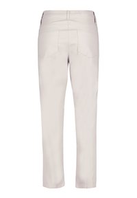 Helle beige Hose mit geradem Schnitt, ausgestattet mit zwei Gesäßtaschen und einer glatten Textur. Entworfen mit einer mittelhohen Taille und Gürtelschlaufen.