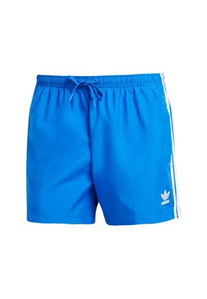 Blaue Sportshorts mit elastischem Bund und Kordelzug. Mit weißen Seitenstreifen und einem gestickten Logo am Saum.