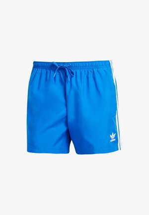 Blauwe sporthort met een elastische tailleband en een trekkoord. Bevat witte zijstrepen en een geborduurd logo op de zoom.