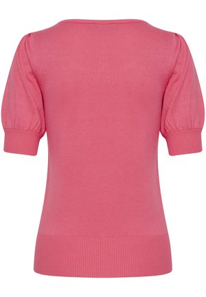 Maglione a maniche corte, di un vivace colore rosa, con un design aderente, polsini e orlo a costine, realizzato in un materiale a maglia liscia. Nessun motivo visibile.
