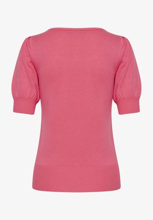 Maglione a maniche corte, di un vivace colore rosa, con un design aderente, polsini e orlo a costine, realizzato in un materiale a maglia liscia. Nessun motivo visibile.