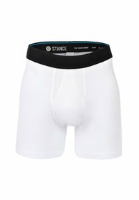 White boxer briefs with a black elastic waistband featuring the brand logo. The fabric appears smooth and durable, with a standard fit.