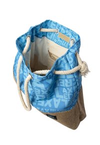 Blue and brown drawstring bag with rope handles, patterned with white text, open top showing beige interior and a small zippered pocket.