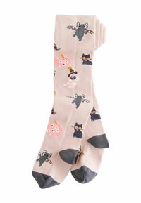 Rosa Socken mit verspielten Mustern von fantasievollen Tieren, darunter Katzen und Eulen, und dunklen grauen Akzenten an den Zehen und Fersen.