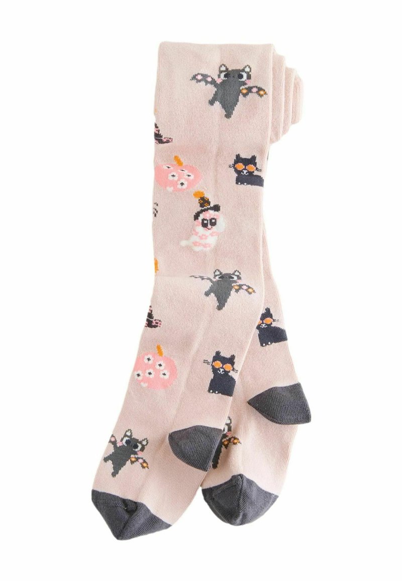 Rosa Socken mit verspielten Mustern von fantasievollen Tieren, darunter Katzen und Eulen, und dunklen grauen Akzenten an den Zehen und Fersen.