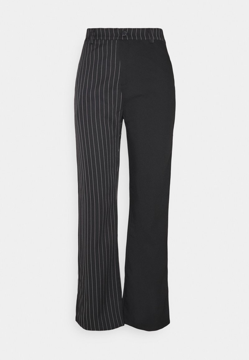 Pantalons noirs présentant un mélange de noir uni et de motifs à fines rayures verticales. Coupe droite avec devant plat et taille élastique.