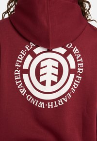 Bordová mikina s veľkým bielym grafickým dizajnom na chrbte, obsahujúcim kruhové prvky a symboly prírody.