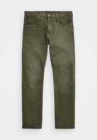 Pantalones de algodón verde olivo con corte ajustado, cinco bolsillos, cierre de botón metálico y una sutil textura desgastada en todo el tejido.