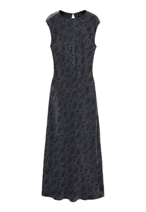 Svart blommönstrad klänning med åtsittande bodice och utställd kjol, med korta ärmar och dragkedja i ryggen. Slät tygtextur.