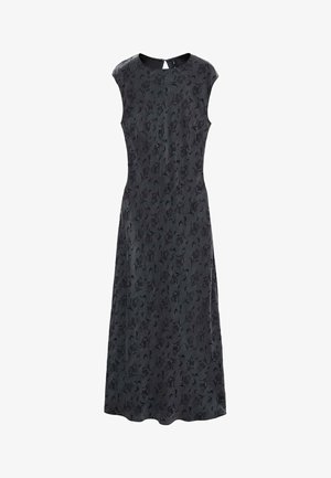 Schwarz bedrucktes Kleid mit floralen Motiven, einer figurbetonten Oberpartie und einem ausgestellten Rock. Es hat kurze Ärmel und einen Reißverschluss auf der Rückseite. Glatte Stoffstruktur.