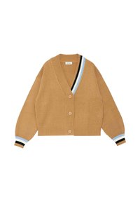 Cardigan con bottoni color cammello con scollo a V, caratterizzato da rifiniture a coste e da strisce blu, bianche e nere sulla spalla sinistra e sui polsini delle maniche.