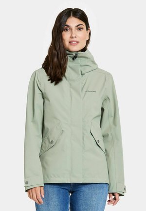 Light green waterproof jacket with a high collar, zip closure, side pockets, and button accents. Material appears smooth and breathable.